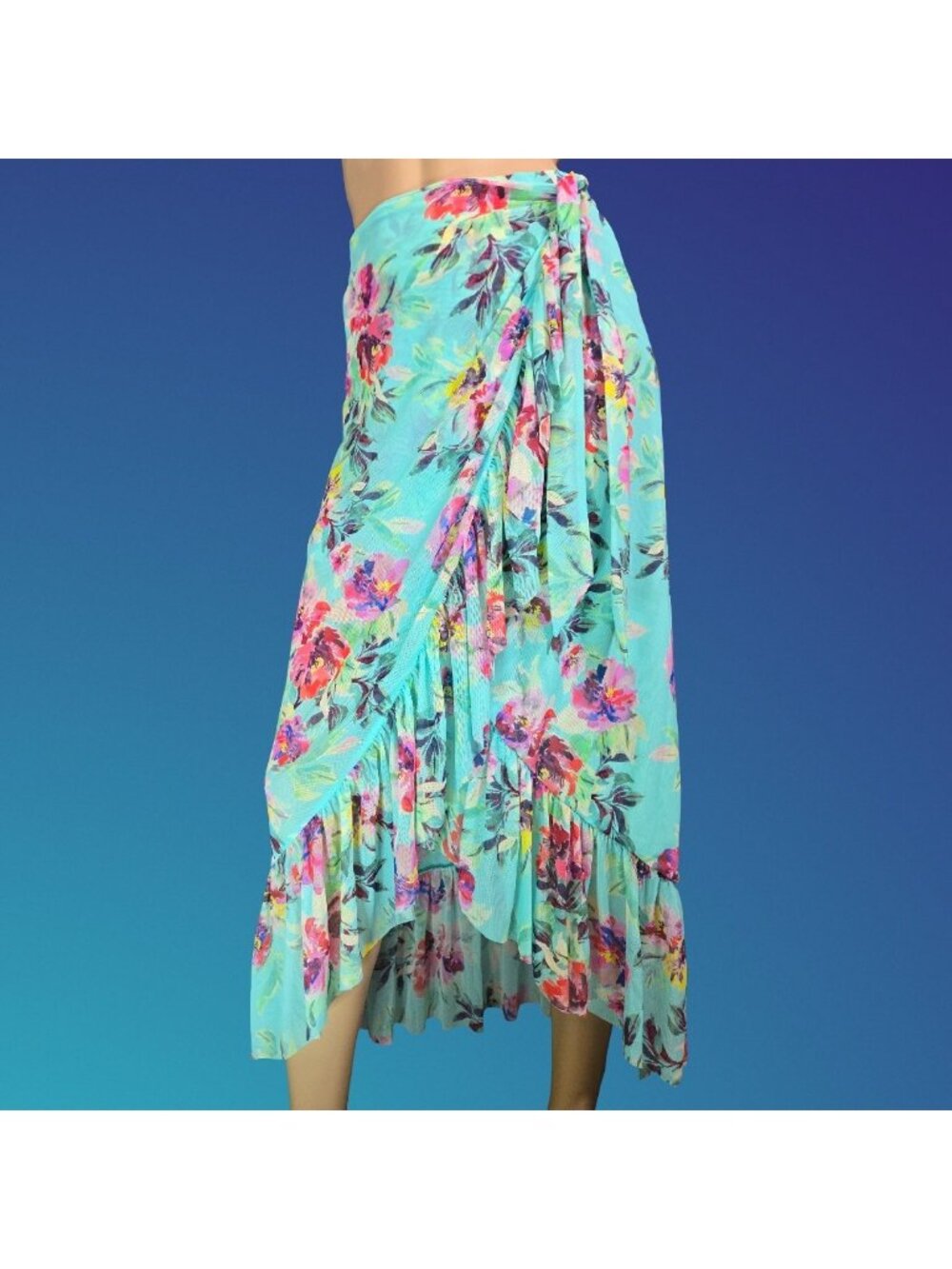 Y2K GUESS Marciano Faux Wrap Skirt Turquoise Floral Ruffled Long Mesh Size S